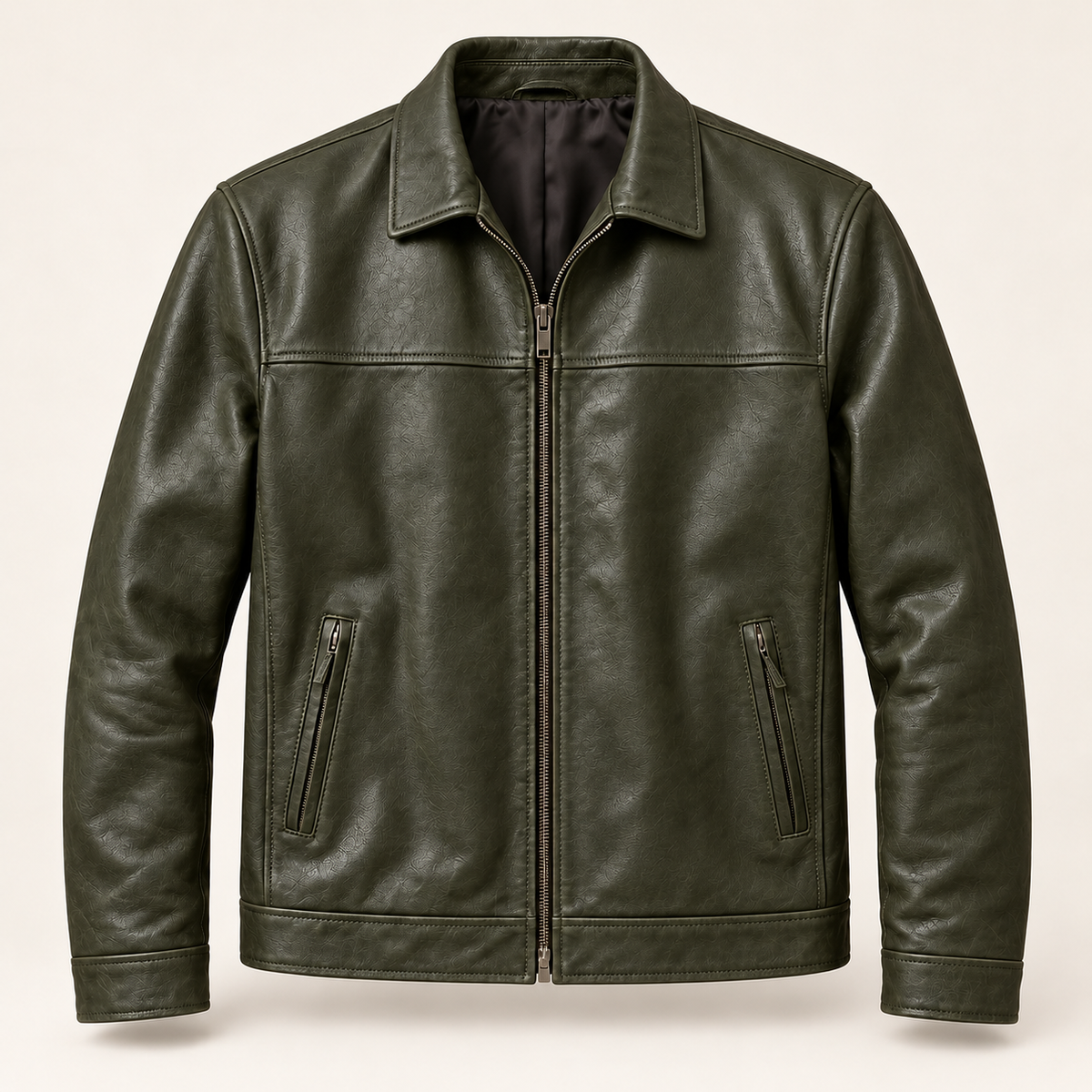 Men's leather jacket in green, product view