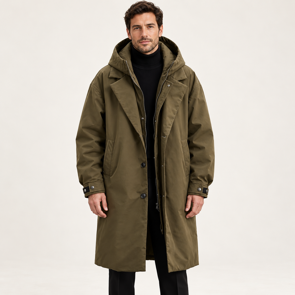 Men's Parka - Long Hooded Insulated Water Resistant Winter Coat - Army Green - front on model