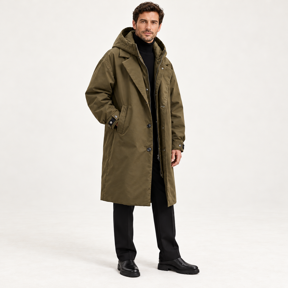 Men's Parka - Long Hooded Insulated Water Resistant Winter Coat - Army Green - three-quarter