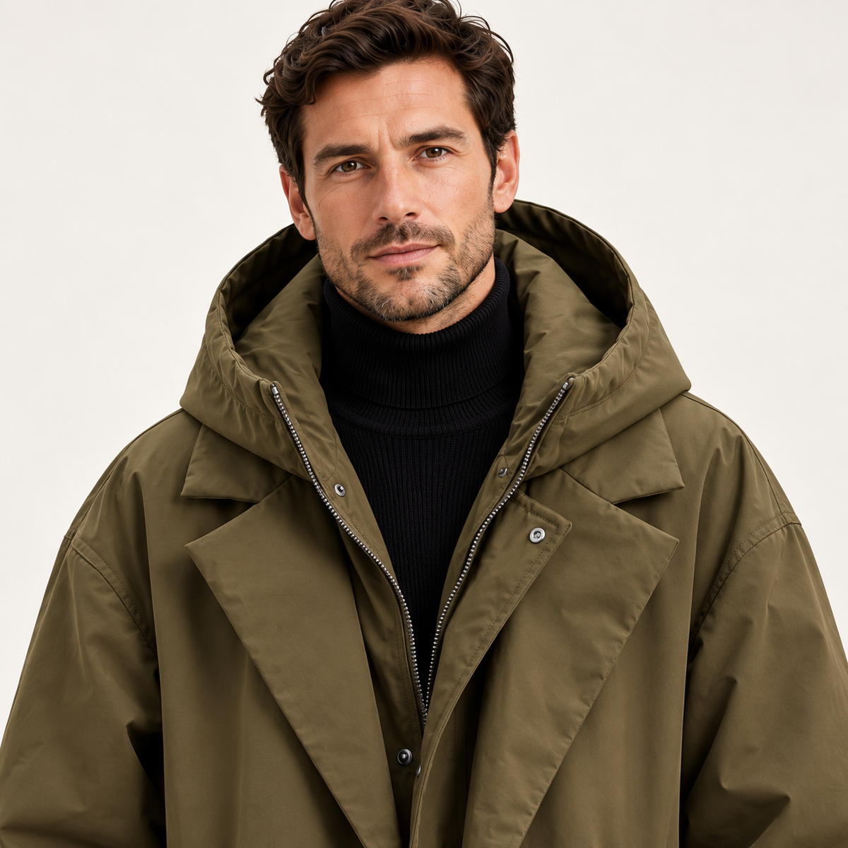 Men's Parka - Long Hooded Insulated Water Resistant Winter Coat - Army Green - chest close-up