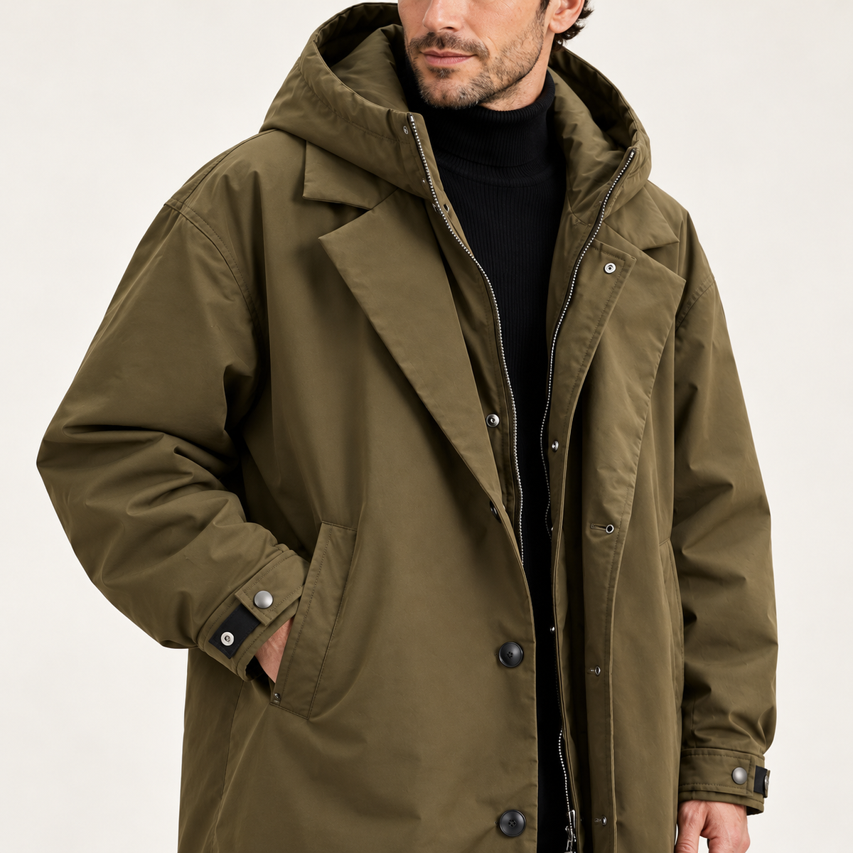 Men's Parka - Long Hooded Insulated Water Resistant Winter Coat - Army Green - detail