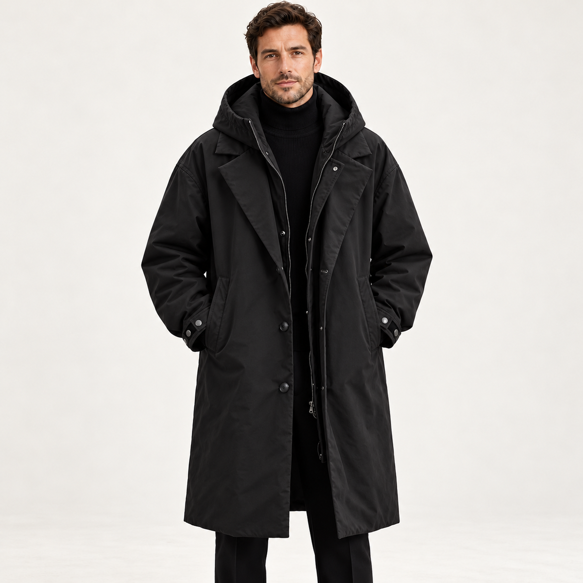 Men's Parka - Long Hooded Insulated Water Resistant Winter Coat - Black - front on model