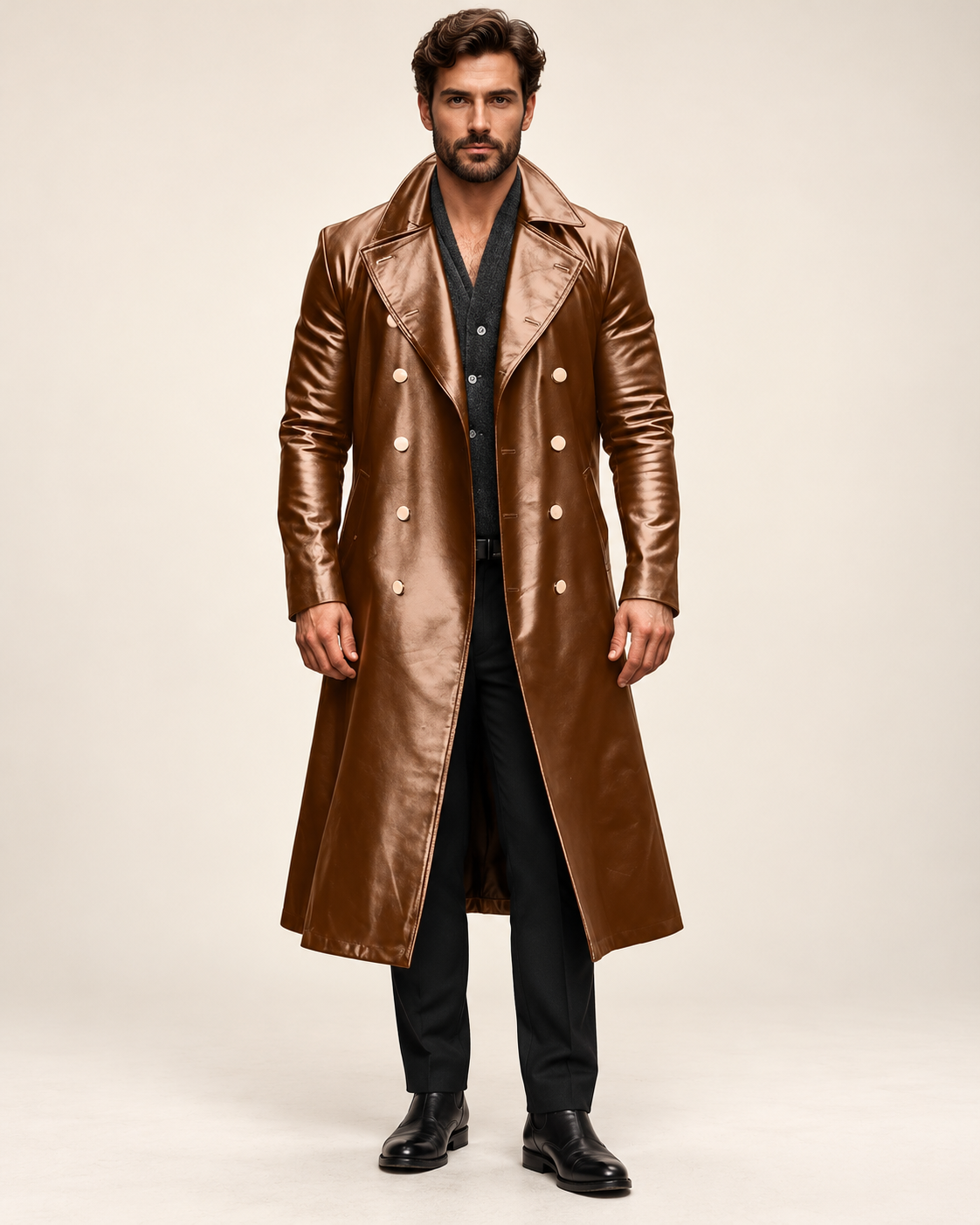 Men's overcoat in Brown, front view on model