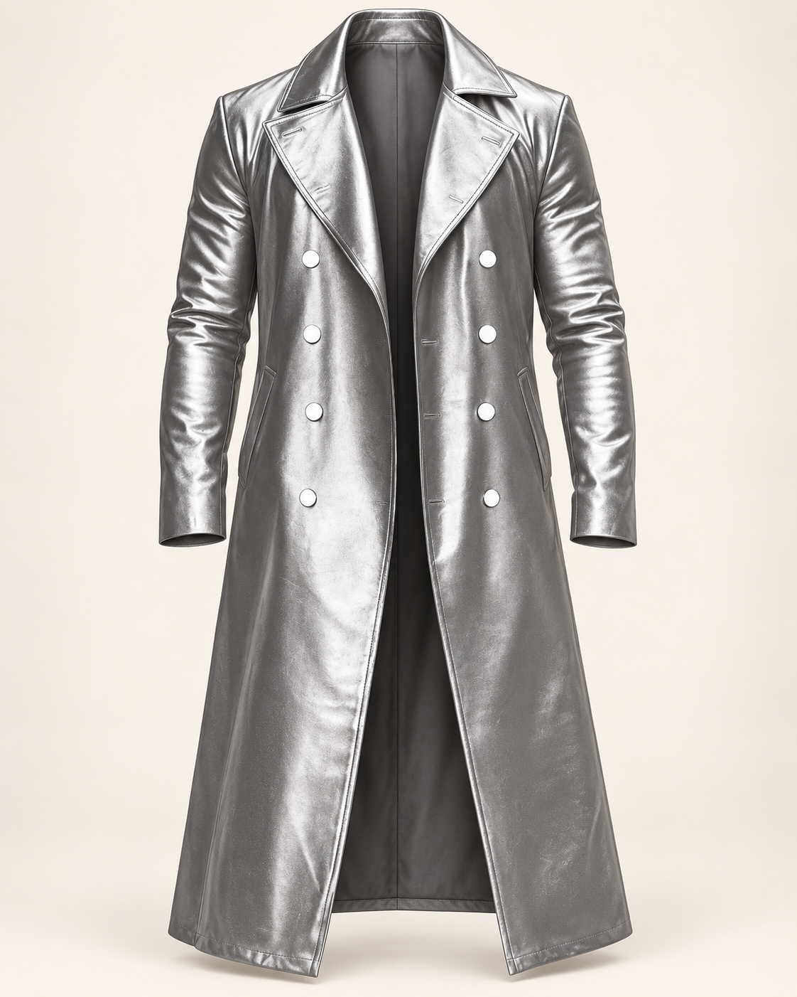 Men's overcoat in Silver, ghost mannequin front view