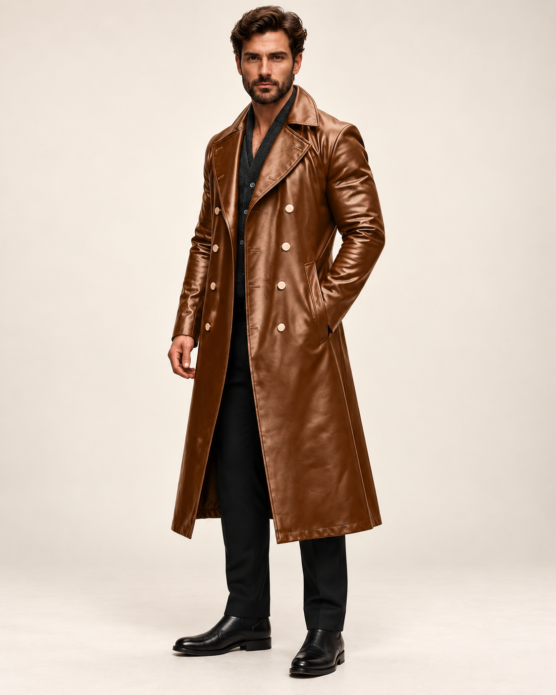 Men's overcoat in Brown, three-quarter view