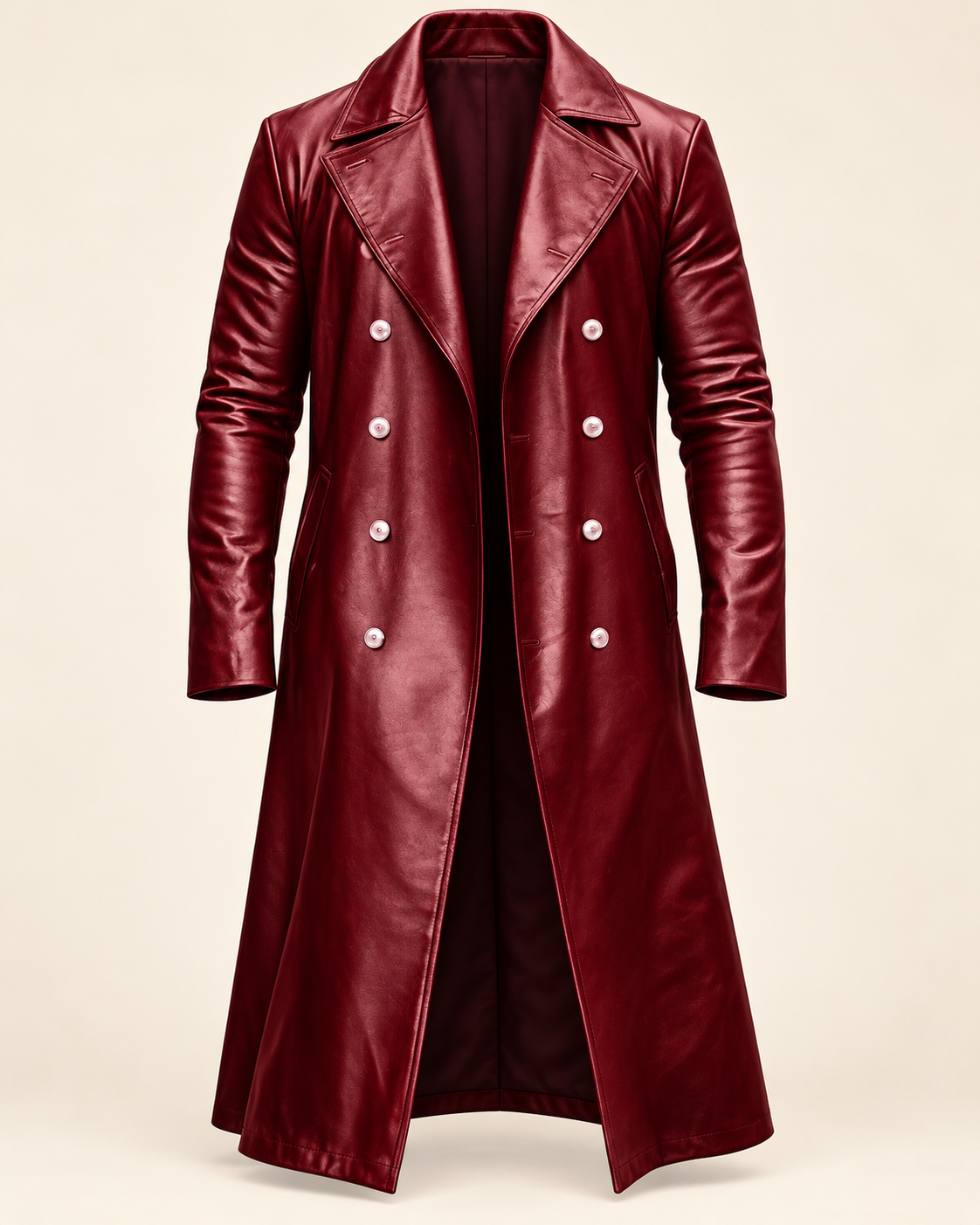 Men's overcoat in Burgundy, ghost mannequin front view