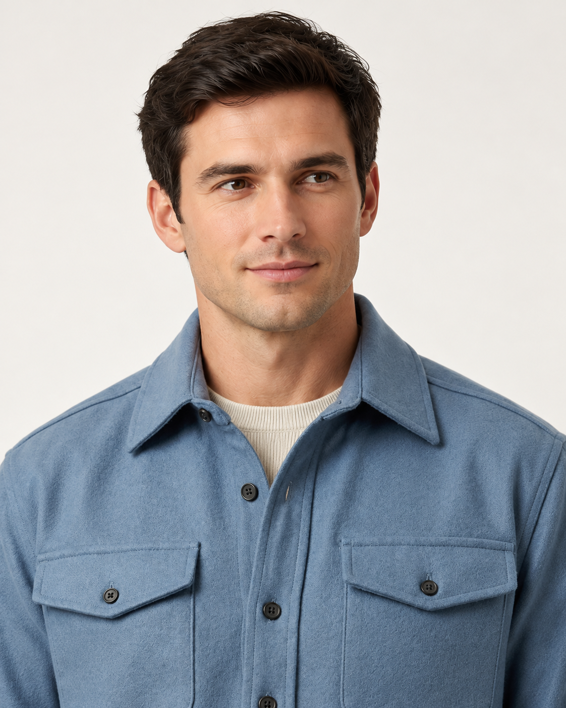 Men's overshirt jacket in light blue, front close-up
