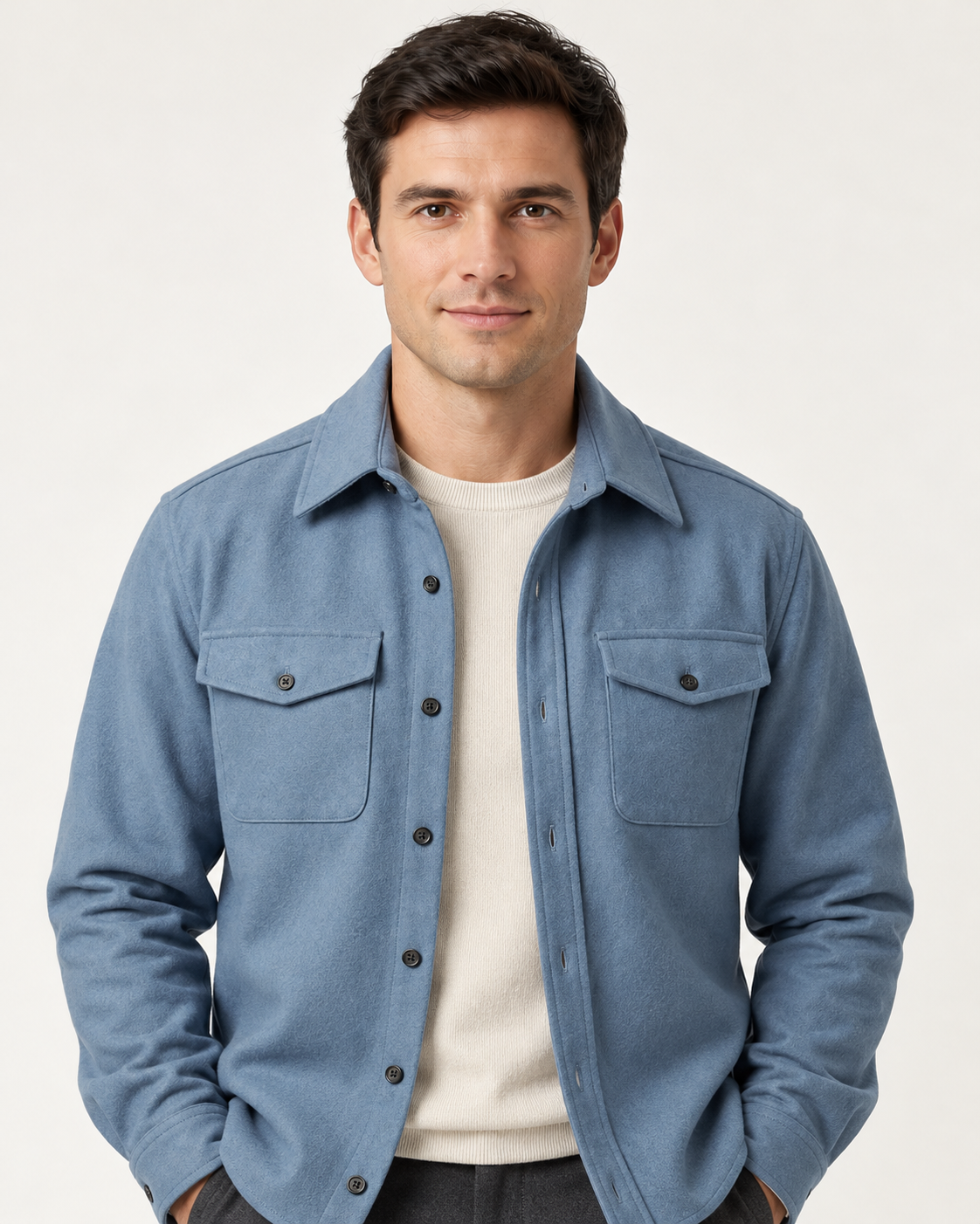 Men's overshirt jacket in light blue, styling view