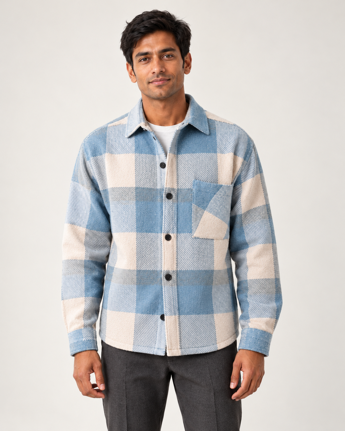Men's overshirt in blue, front view