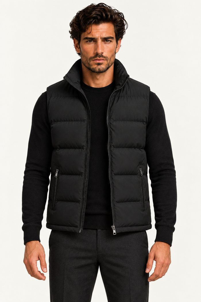 Men's puffer gilet Black front on model