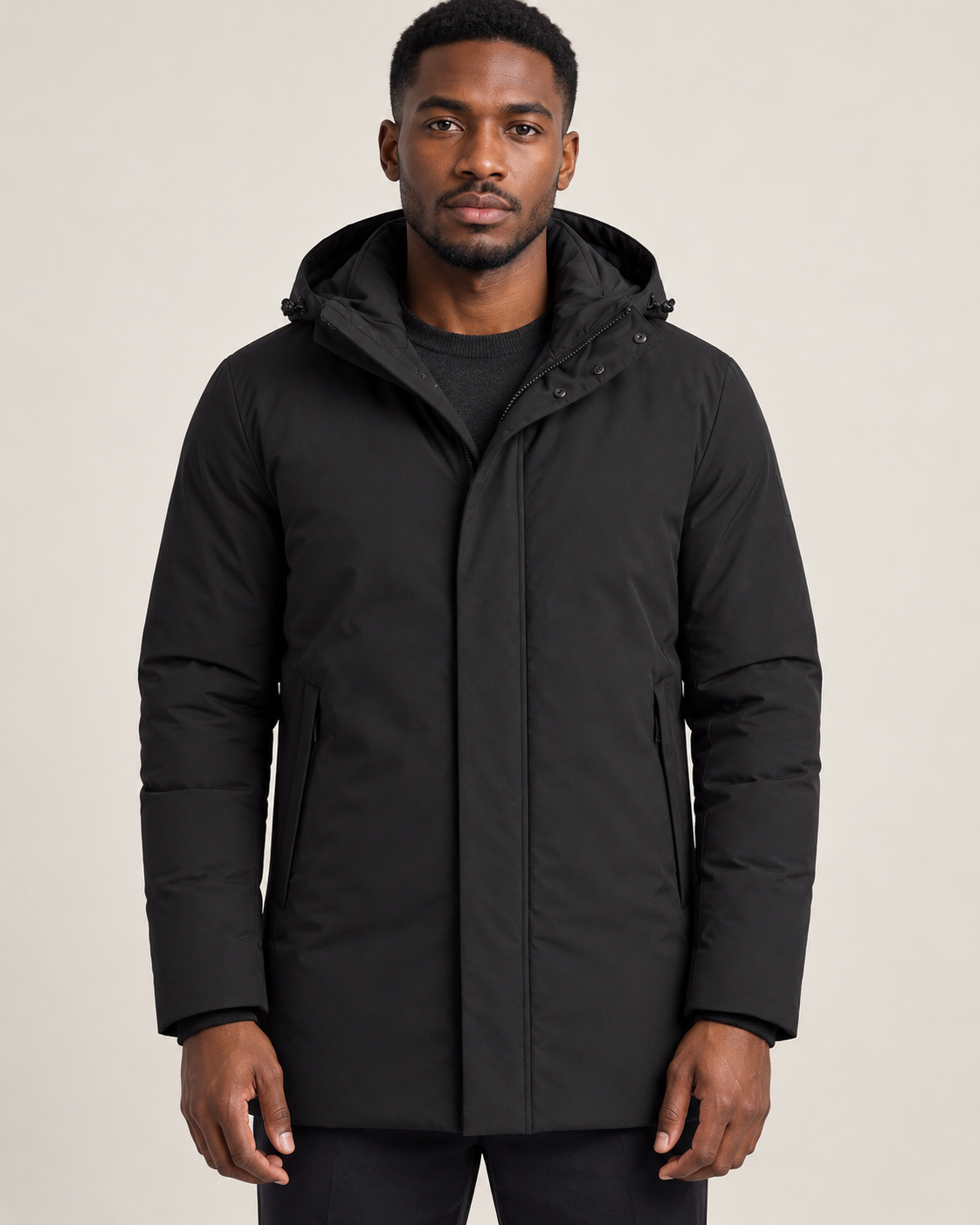 Men's hooded puffer jacket in black, front view