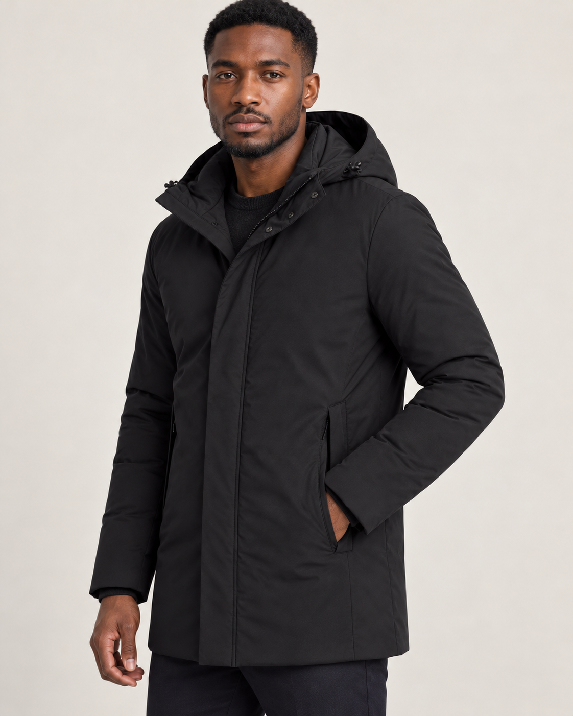 Men's hooded puffer jacket in black, three-quarter view