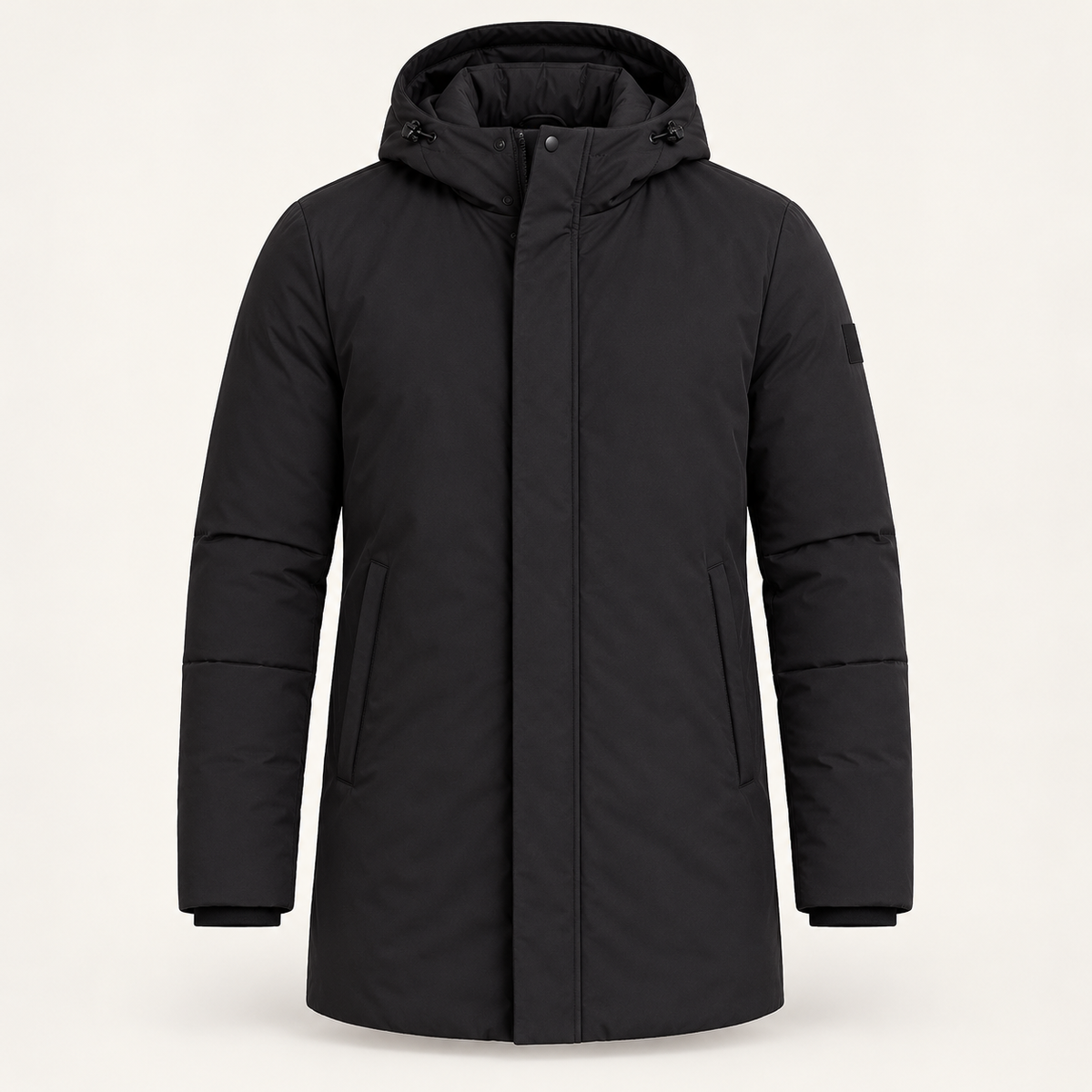 Men's hooded puffer jacket in black, product view