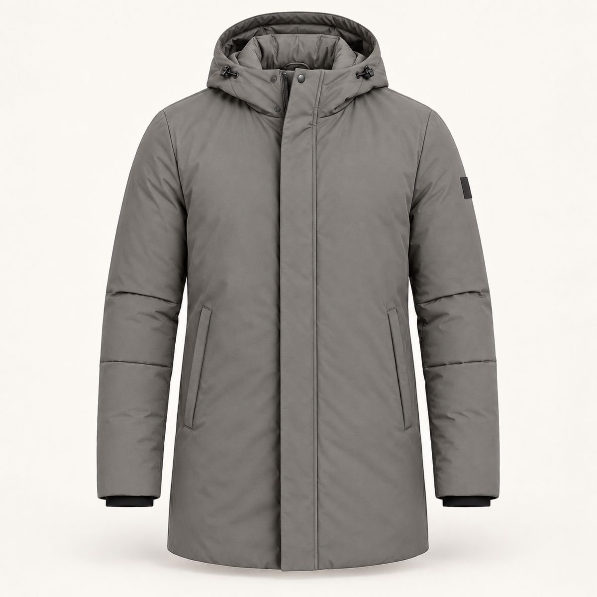 Men's hooded puffer jacket in grey, product view