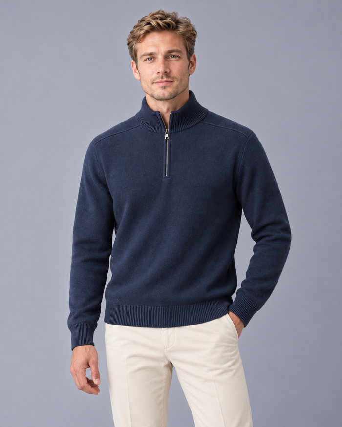 Men's Quarter Zip Jumper - Merino Wool Blend High Collar Fine Knit
