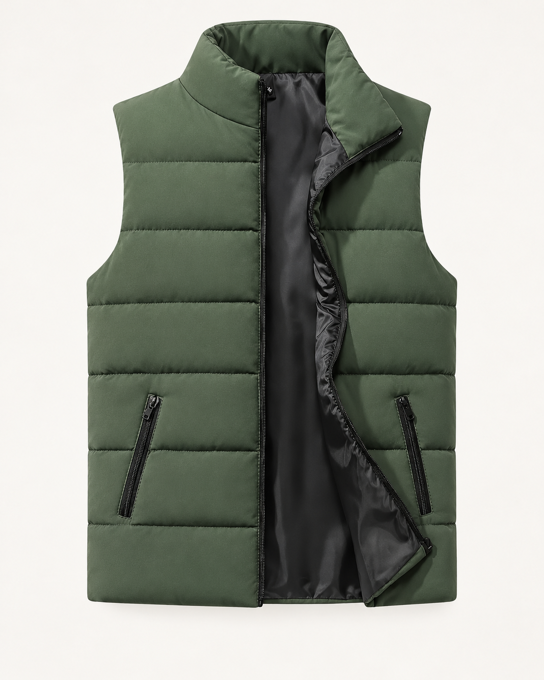 Men's quilted gilet in army green, product-only front view