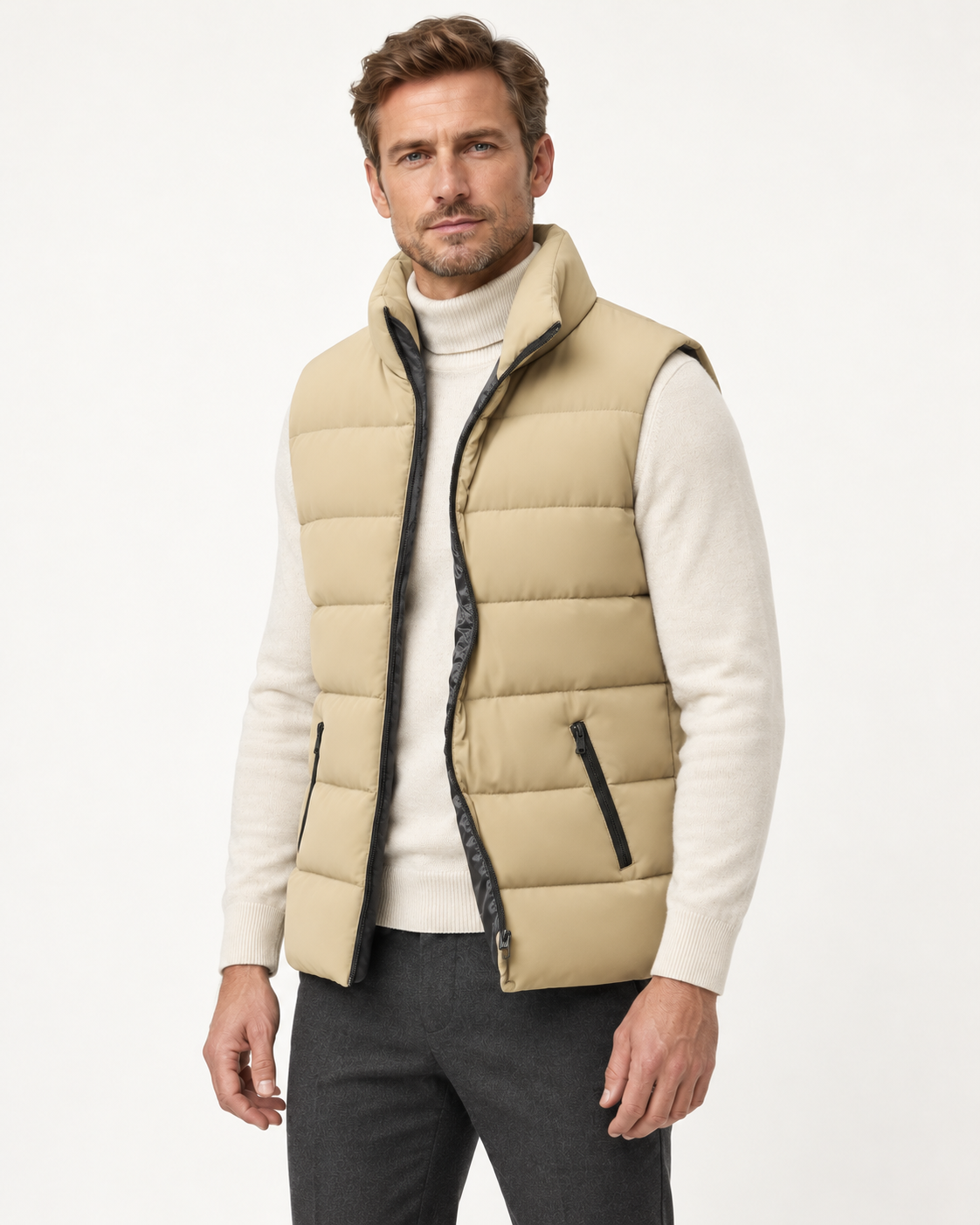 Men's quilted gilet in beige, three-quarter view