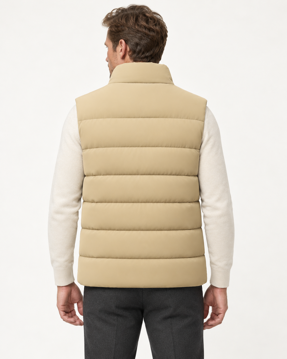 Men's quilted gilet in beige, back view