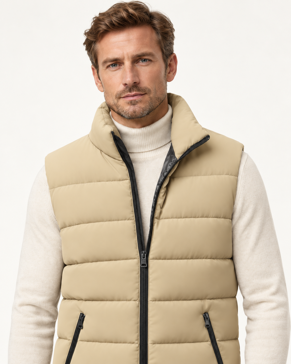 Men's quilted gilet in beige, chest-up close-up