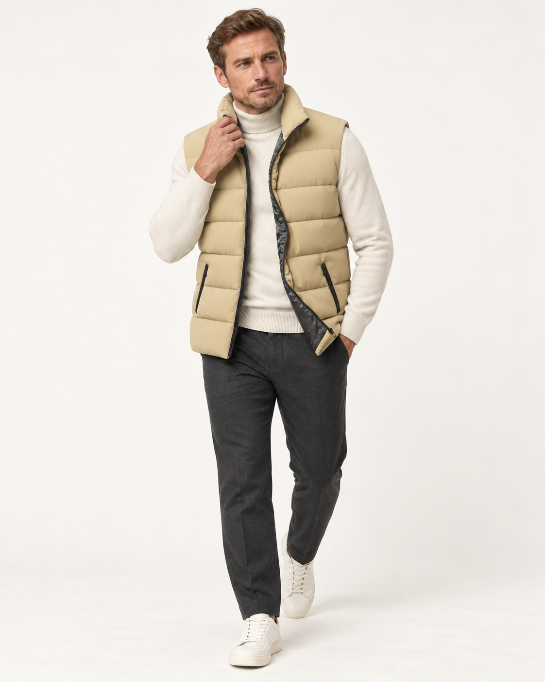 Men's quilted gilet in beige, styling view