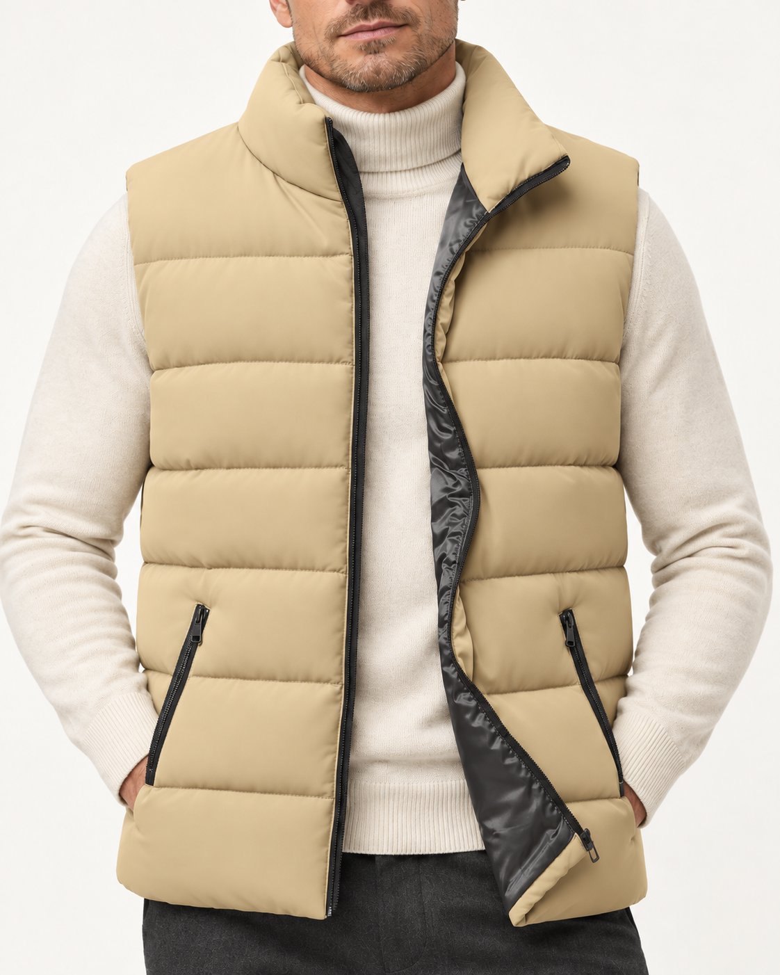 Men's quilted gilet in beige, quilting and pocket detail