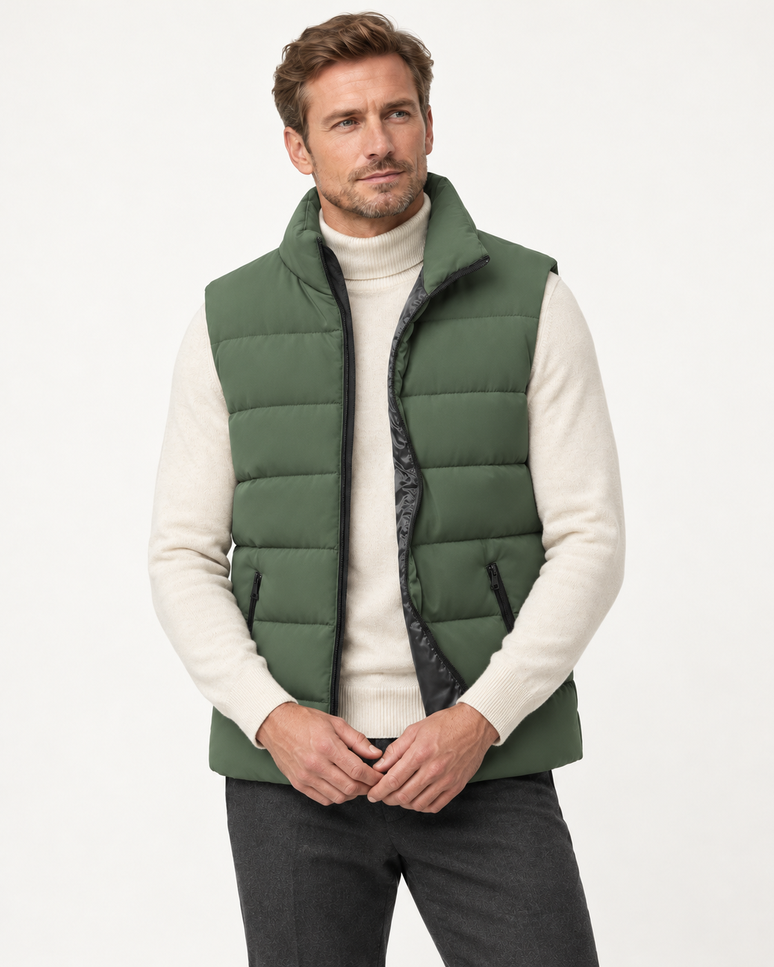 Men's quilted gilet in army green, front view