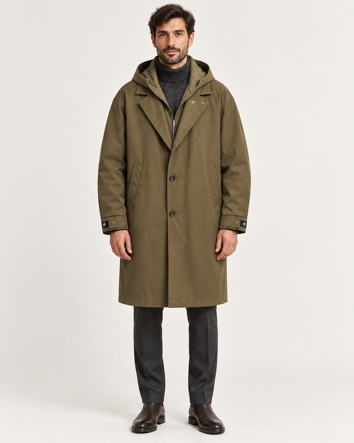 Men's hooded raincoat in army green, front view