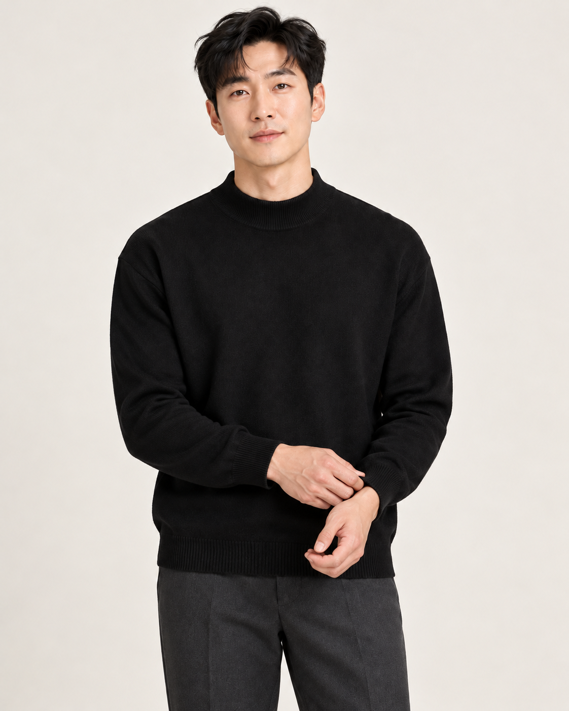 Men's knitted jumper in black, styling view