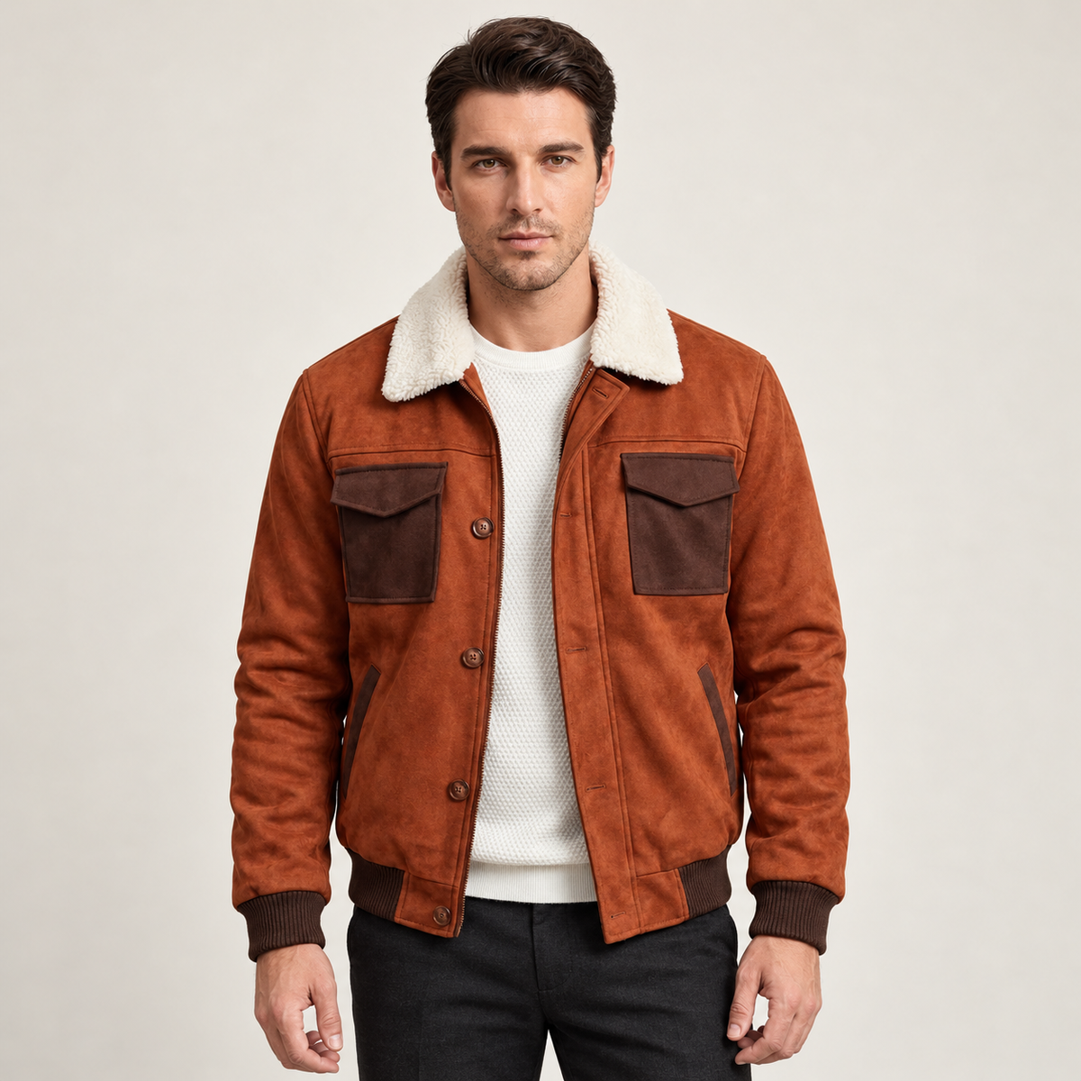 Harevi men's rust brown sherpa jacket - front