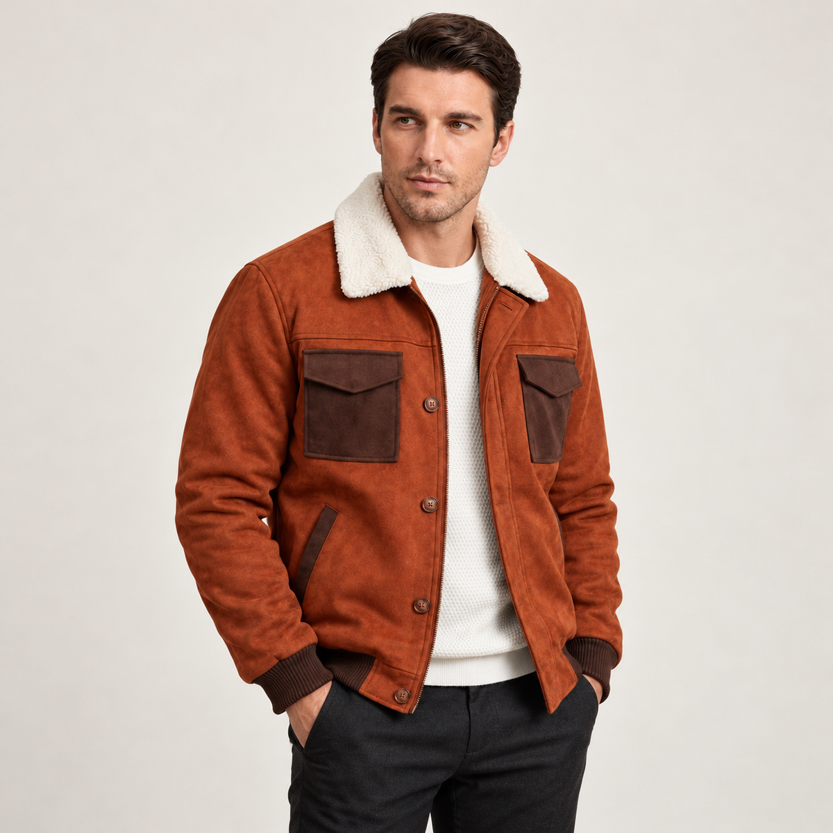 Harevi men's rust brown sherpa jacket - three-quarter