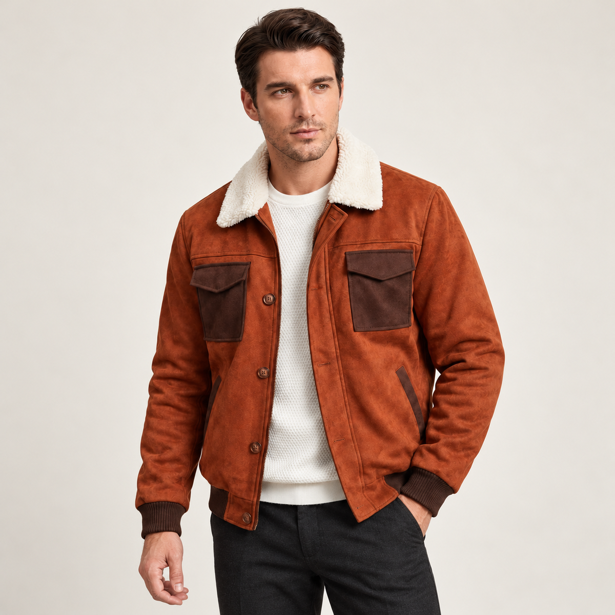 Harevi men's rust brown sherpa jacket - styling