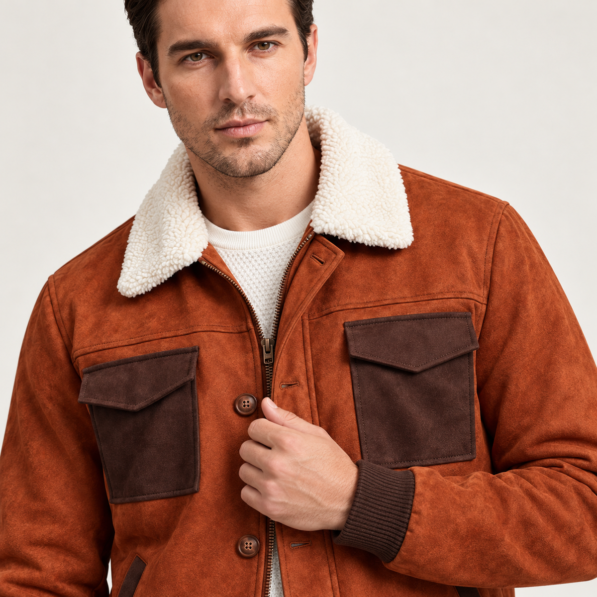 Harevi men's rust brown sherpa jacket - detail
