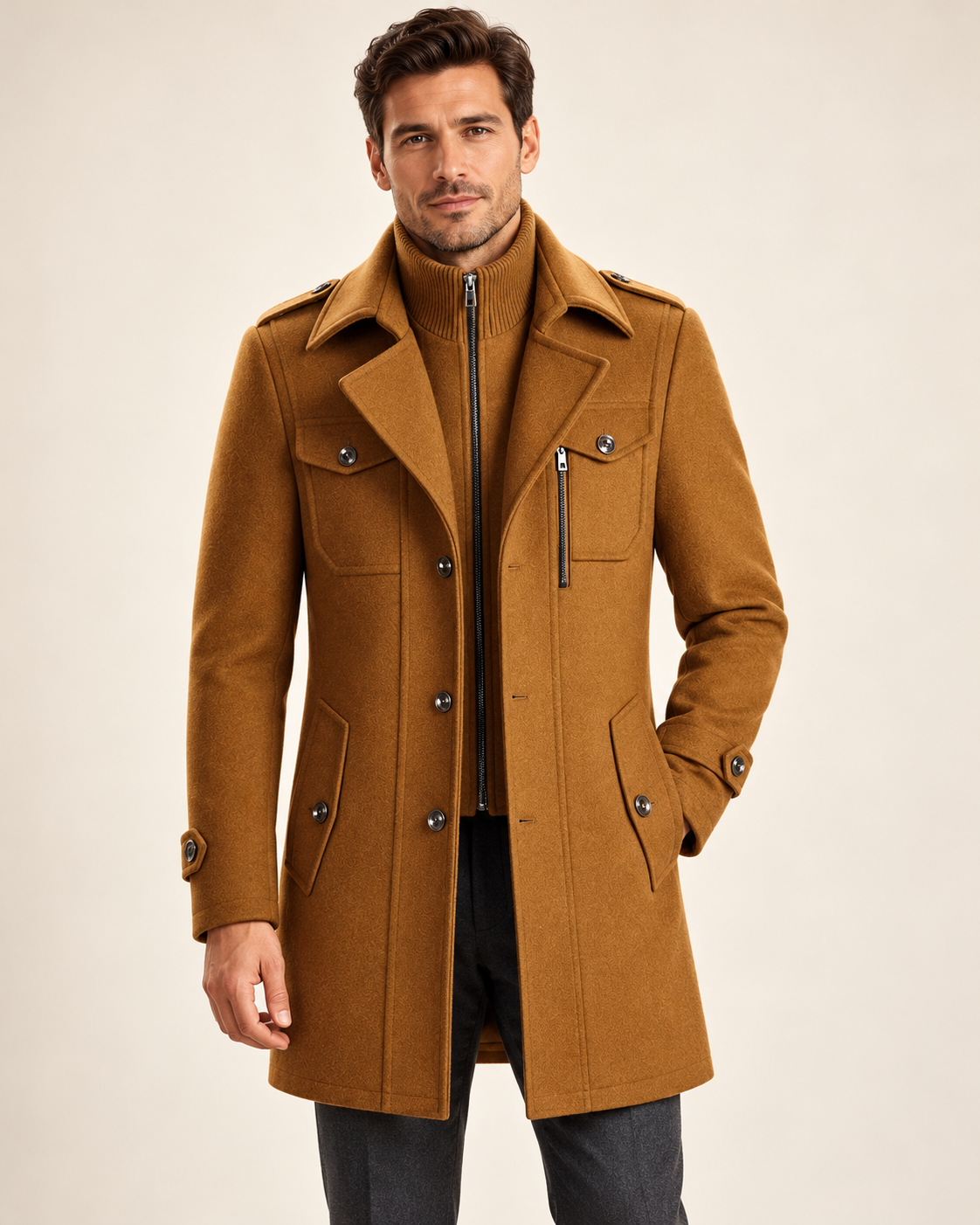 Men's wool blend coat in light brown, front view