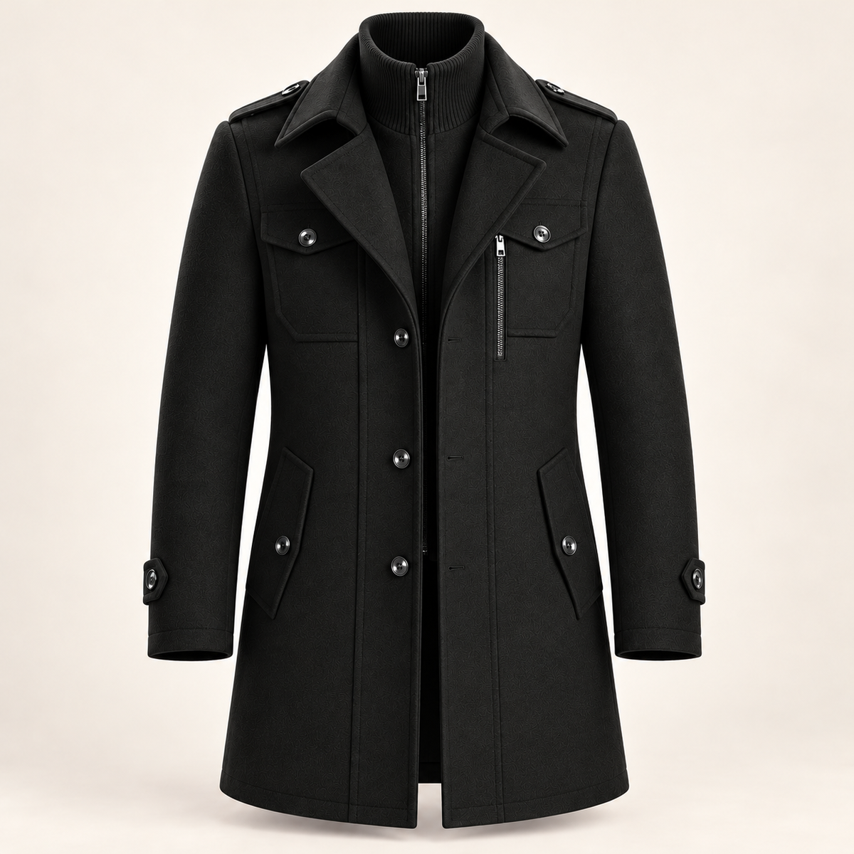 Men's wool blend coat in black, product view