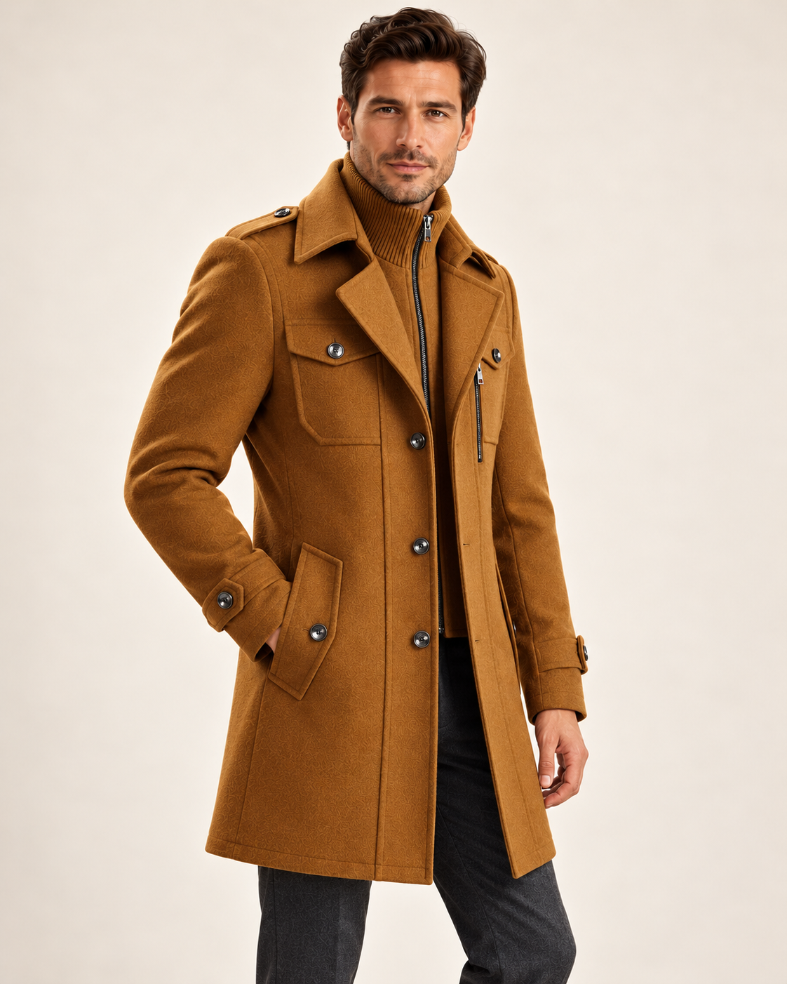 Men's wool blend coat in light brown, three-quarter view