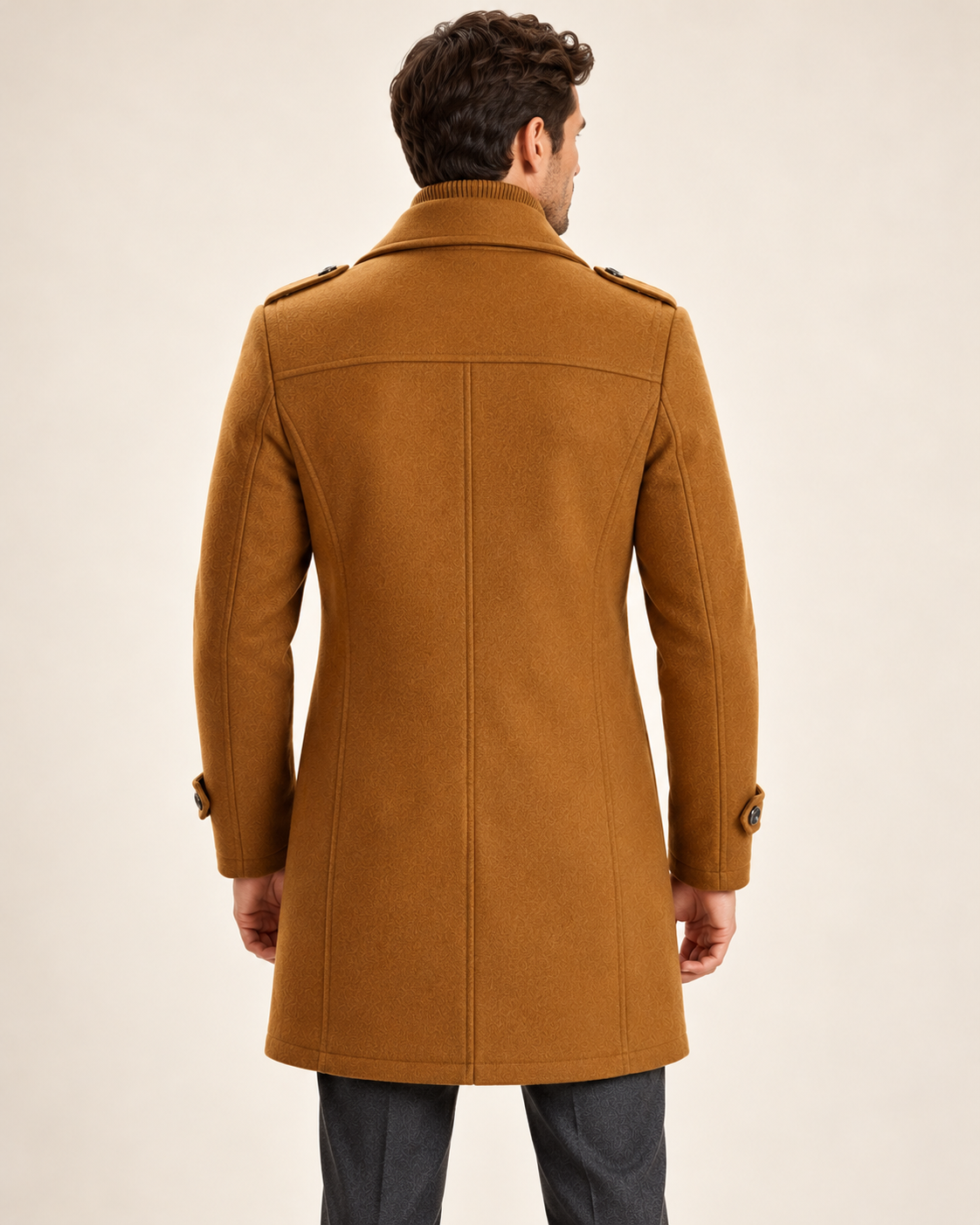 Men's wool blend coat in light brown, back view