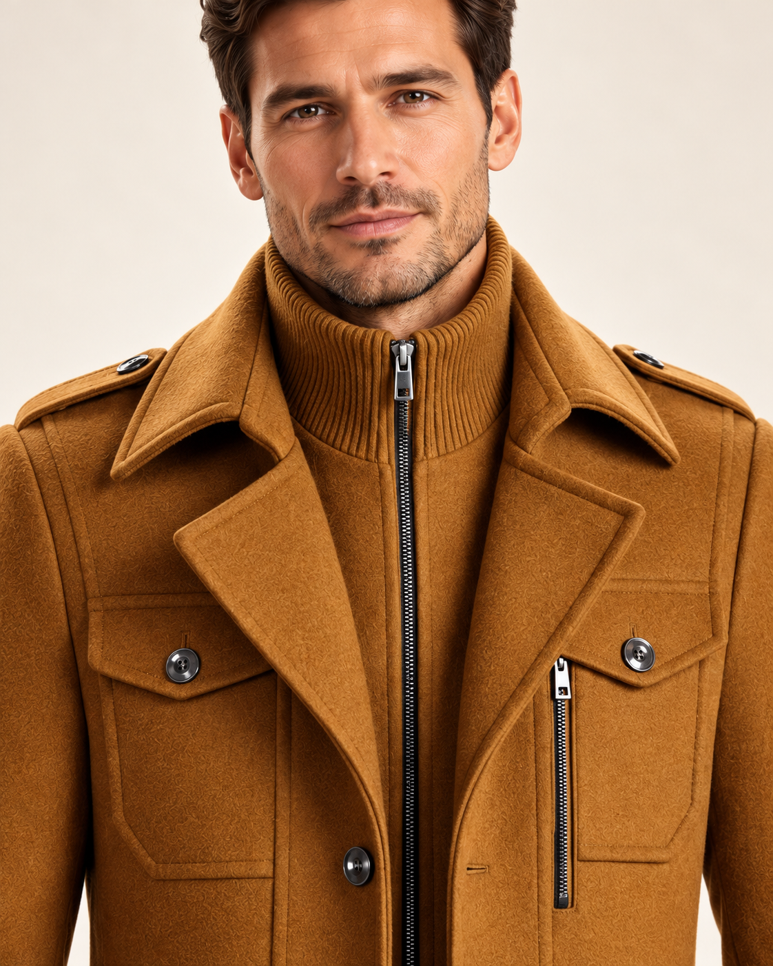 Men's wool blend coat in light brown, collar close-up