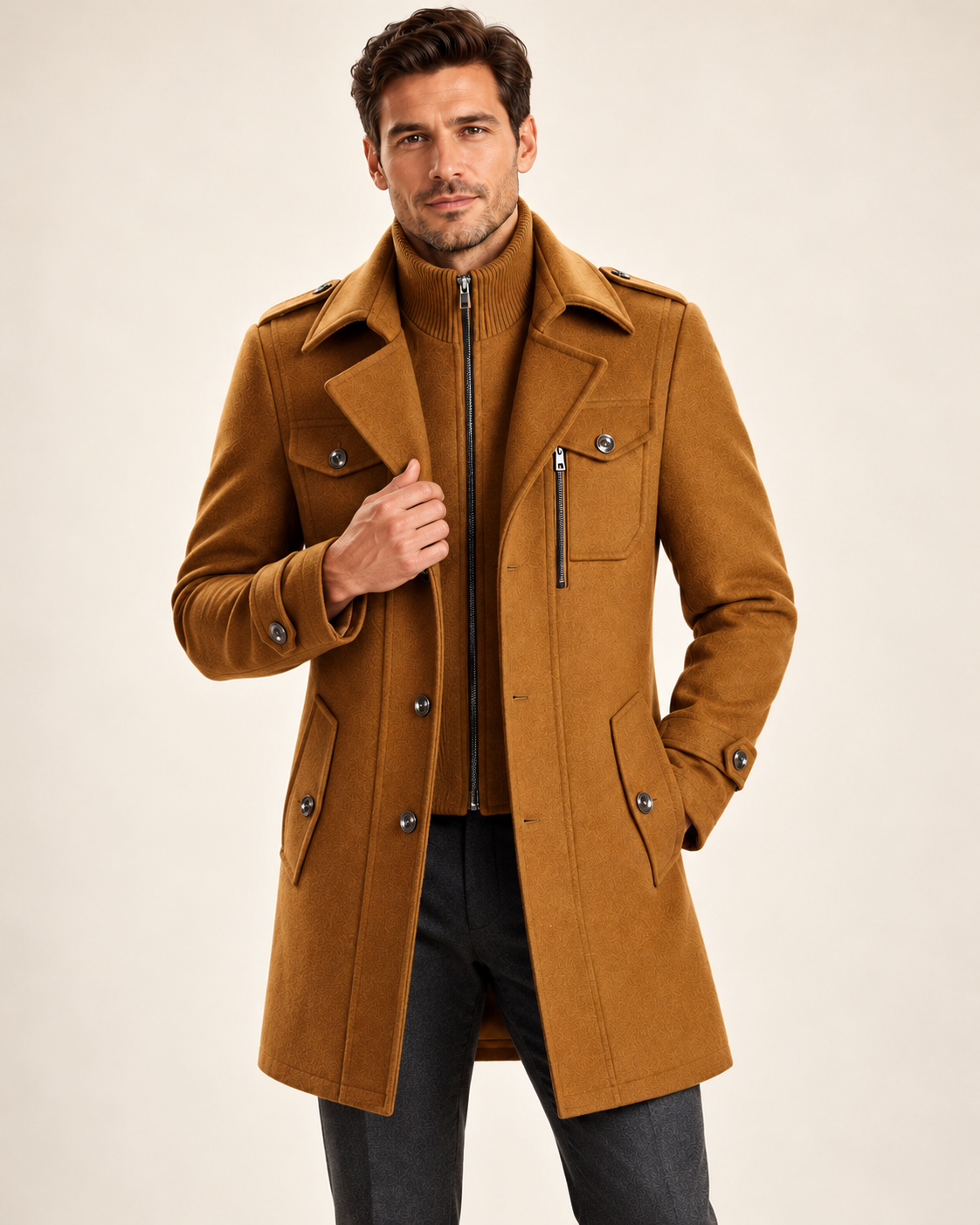 Men's wool blend coat in light brown, open styling view