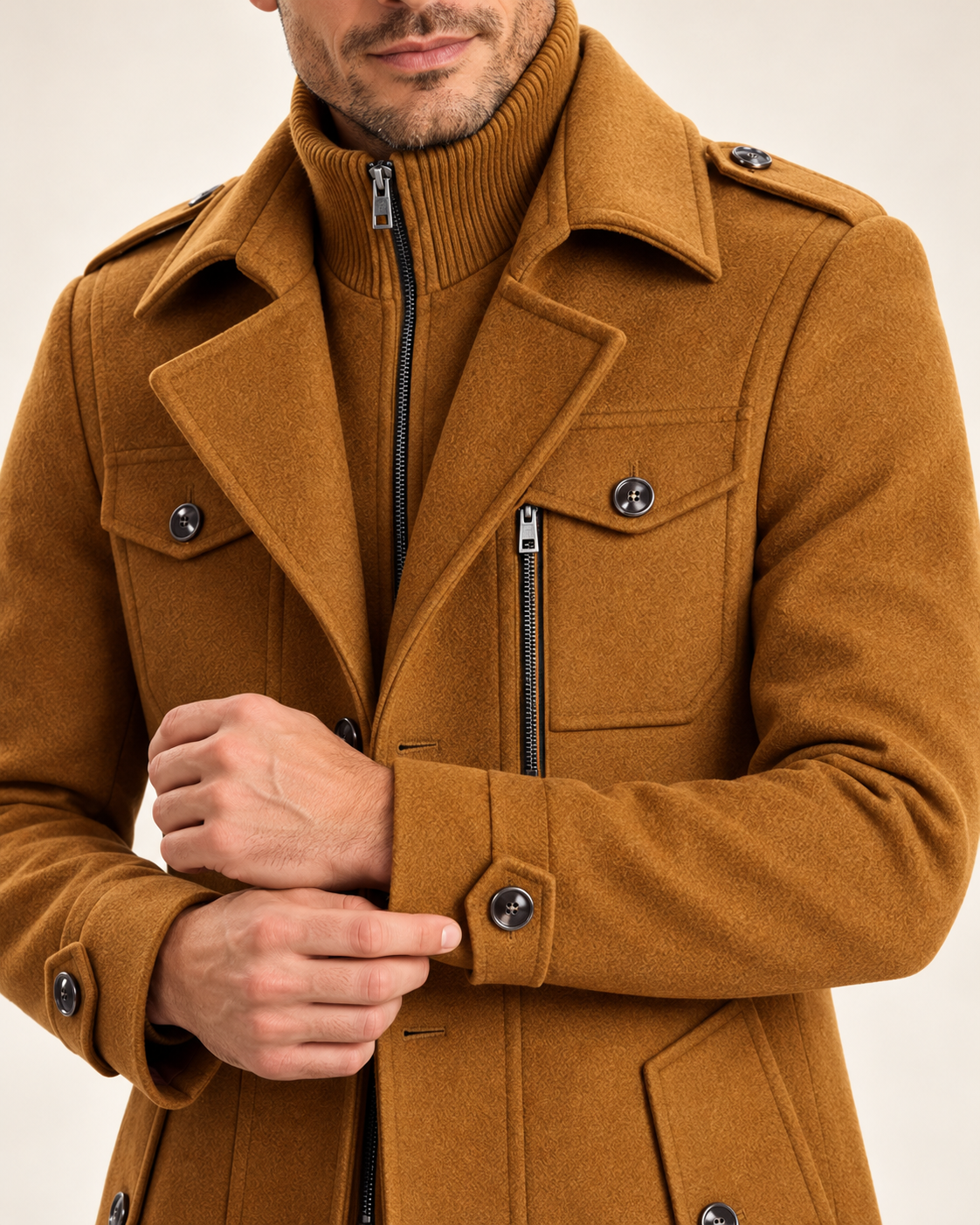 Men's wool blend coat in light brown, pocket and cuff detail