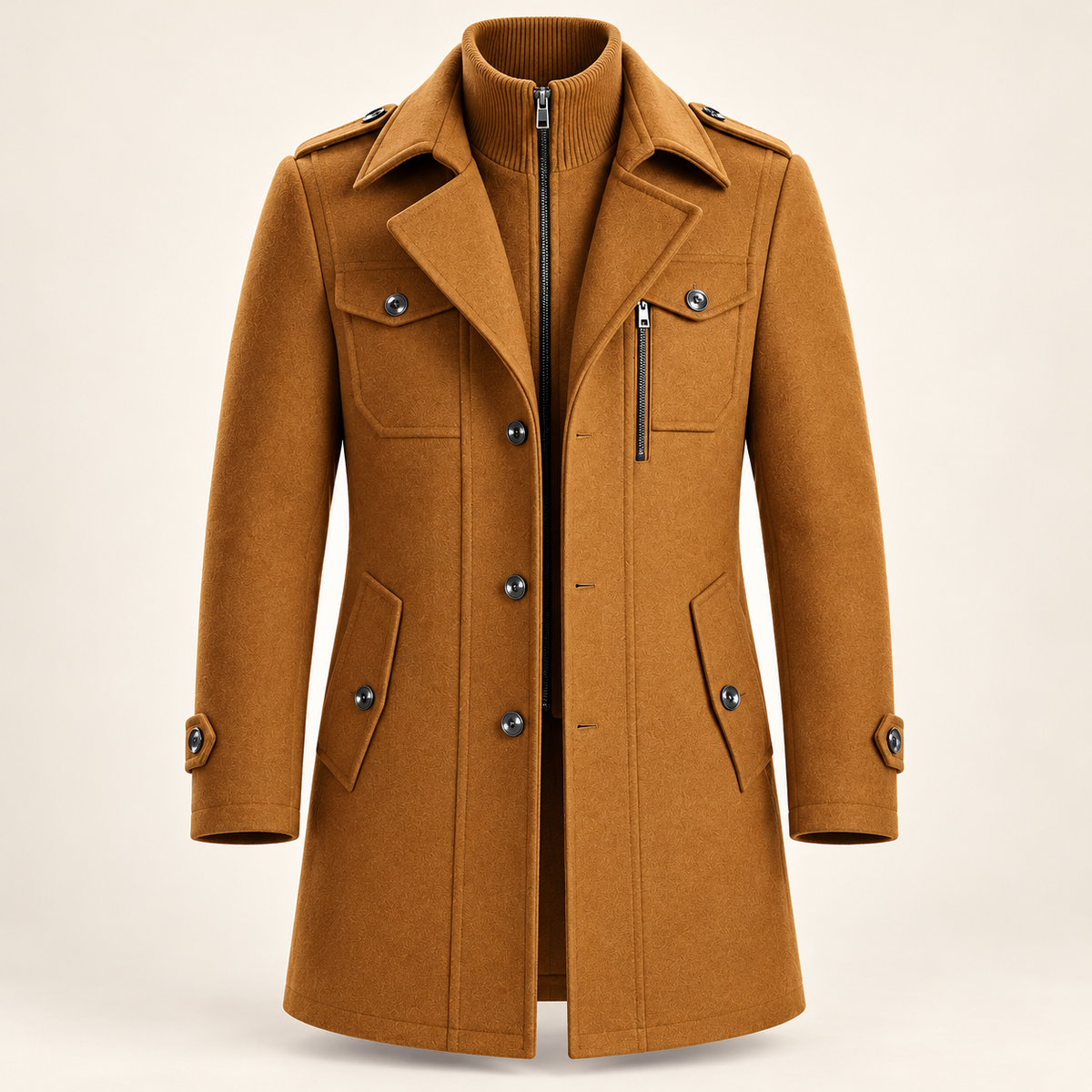 Men's wool blend coat in light brown, product view