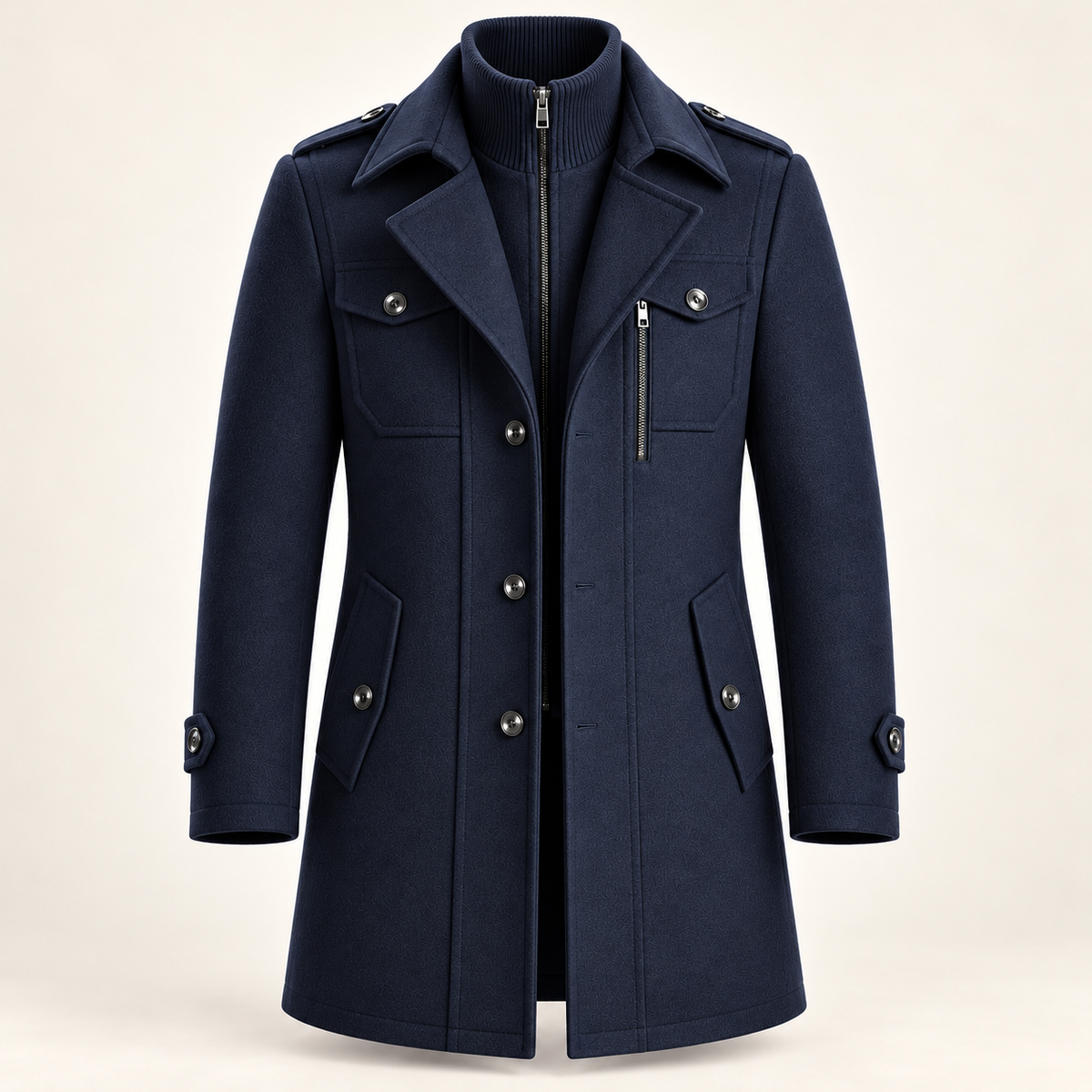 Men's wool blend coat in navy, product view