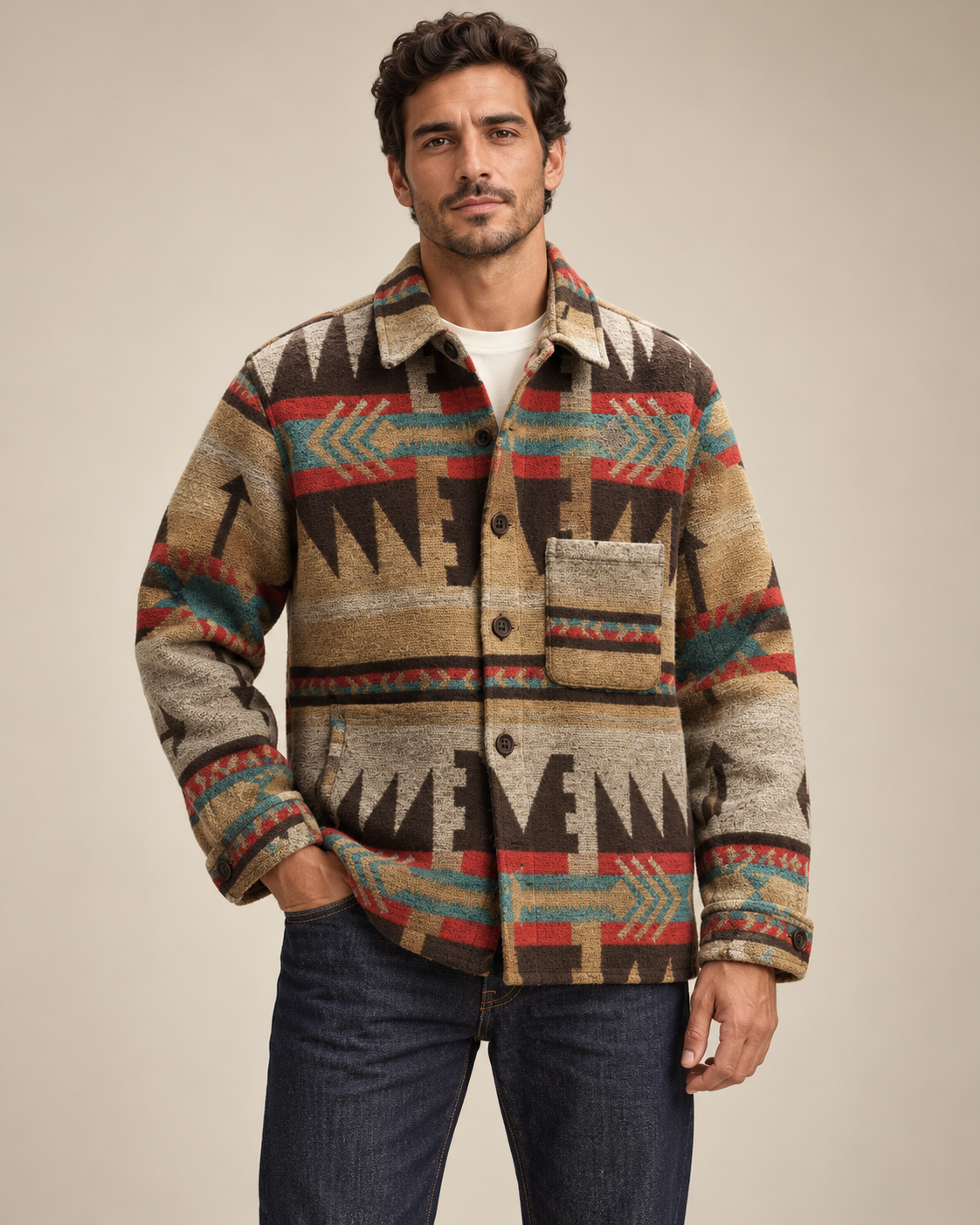 Men's wool blend jacket in dark brown, front view