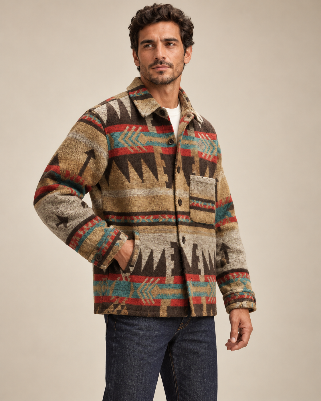 Men's wool blend jacket in dark brown, three-quarter view