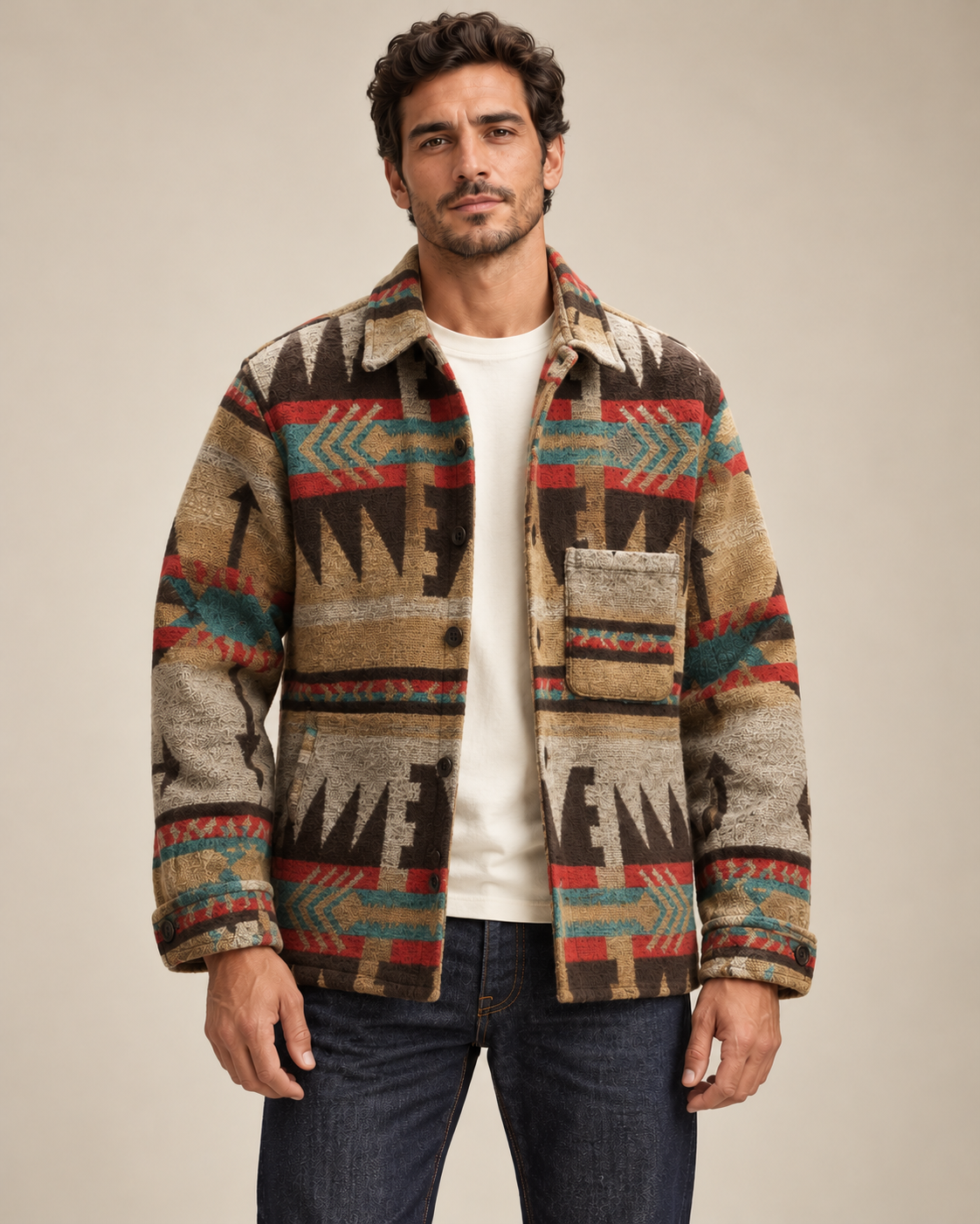 Men's wool blend jacket in dark brown, open styling view