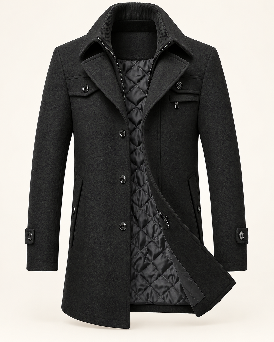 Men's wool overcoat in Black, ghost mannequin front view