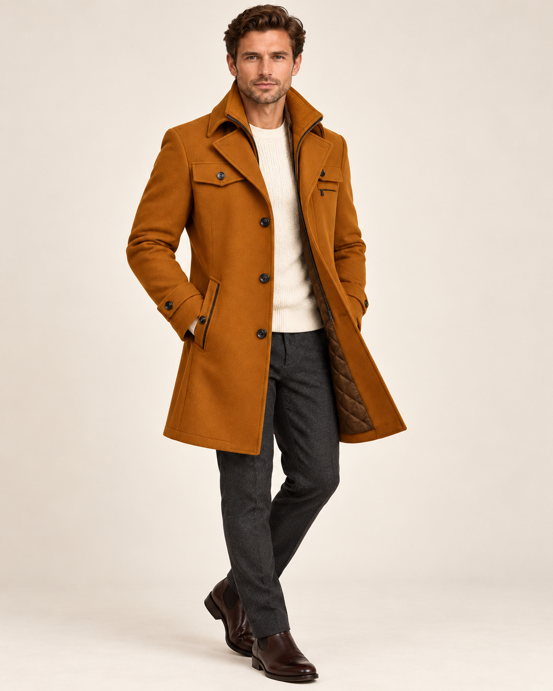 Men's wool overcoat in Brown, three-quarter view