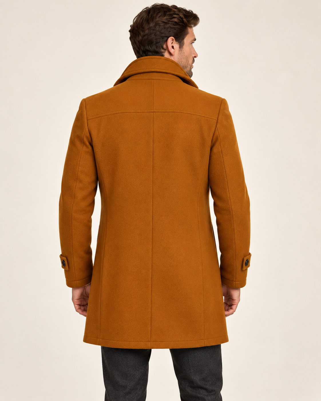 Men's wool overcoat in Brown, back view