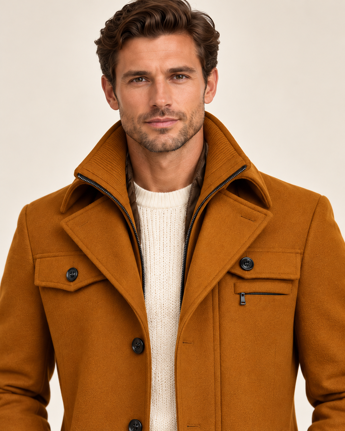 Men's wool overcoat in Brown, chest-up close-up