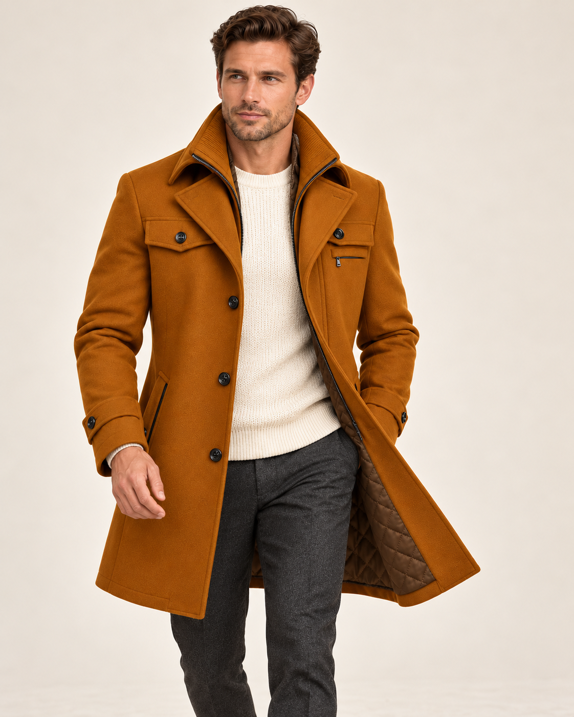 Men's wool overcoat in Brown, styling shot