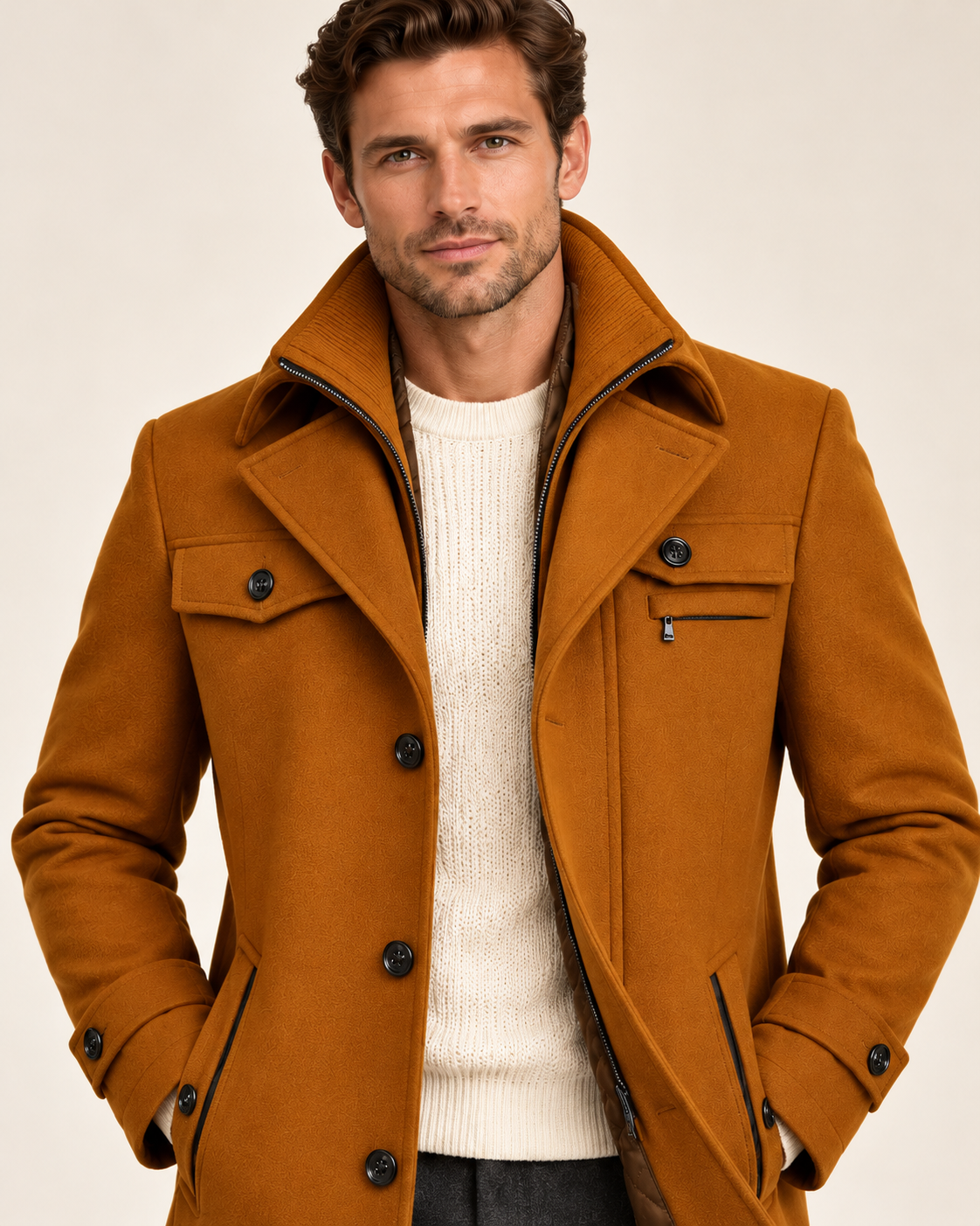 Men's wool overcoat in Brown, detail